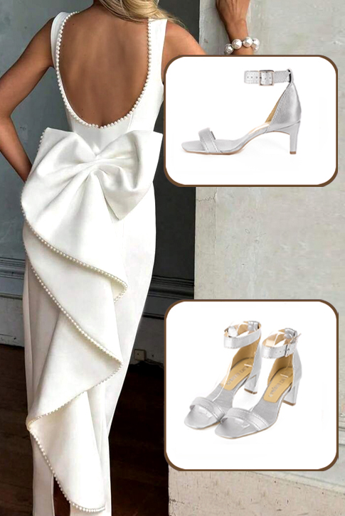 Sandales habillées femme bride cheville en cuir argent à talon virgule de 6.5 cm et bout carré - Vue porté