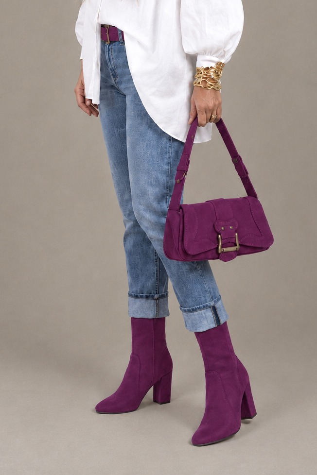 Bottines avec un zip intérieur pour femme en cuir prune avec bout rond et talon bottier de 8.5 cm - Vue porté