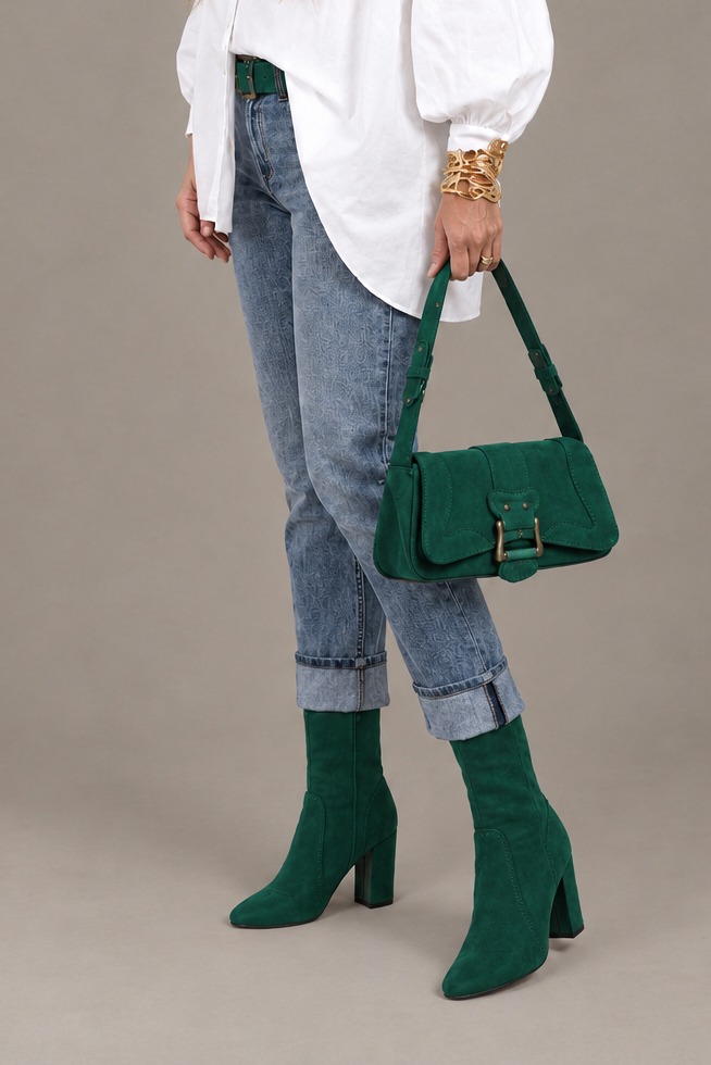 Bottines avec un zip intérieur pour femme en cuir vert émeraude avec bout rond et talon bottier de 8.5 cm - Vue porté