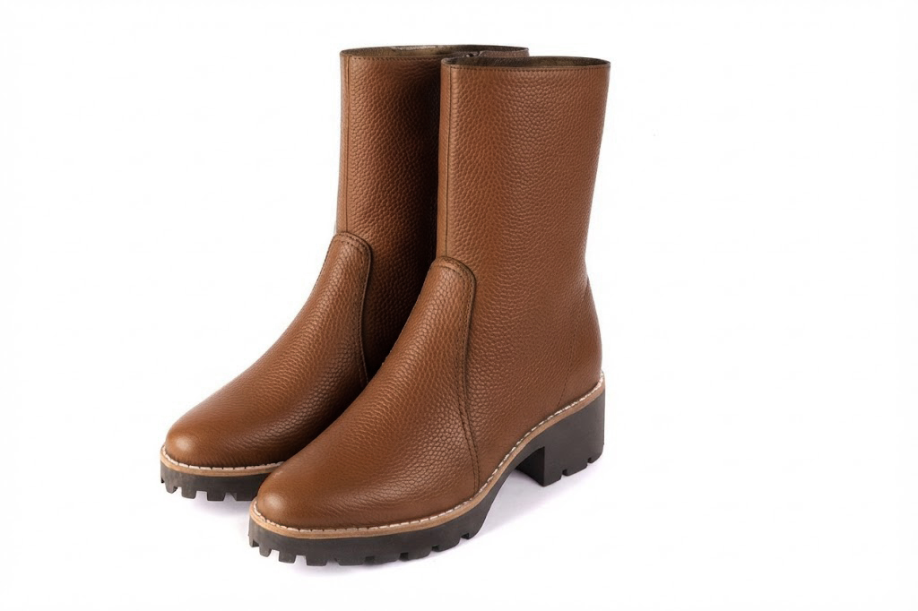 Bottines avec un zip intérieur pour femme en cuir cognac avec bout rond et semelle crantée en gomme - Vue avant
