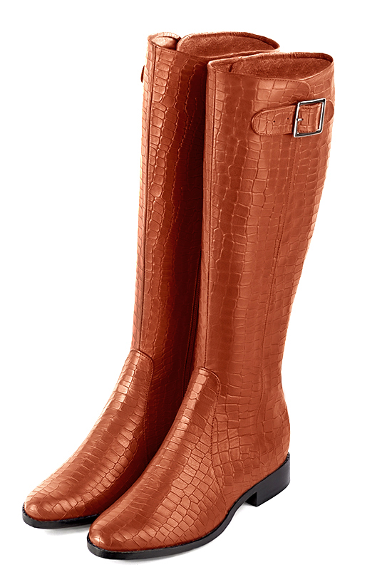Botte femme : Bottes femme cavalières sur mesures couleur orange corail. Bout rond. Semelle cuir talon plat. Vue avant - Florence KOOIJMAN