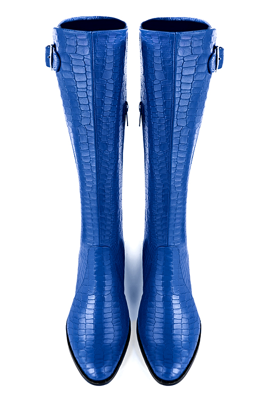 Botte femme : Bottes femme cavalières sur mesures couleur bleu électrique. Bout rond. Semelle cuir talon plat. Vue du dessus - Florence KOOIJMAN