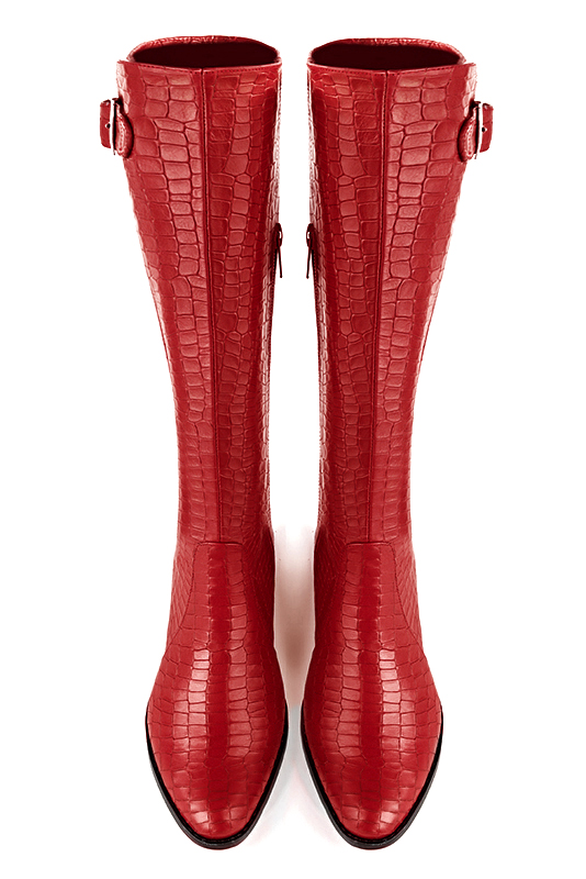 Botte femme : Bottes femme cavalières sur mesures couleur rouge coquelicot. Bout rond. Semelle cuir talon plat. Vue du dessus - Florence KOOIJMAN