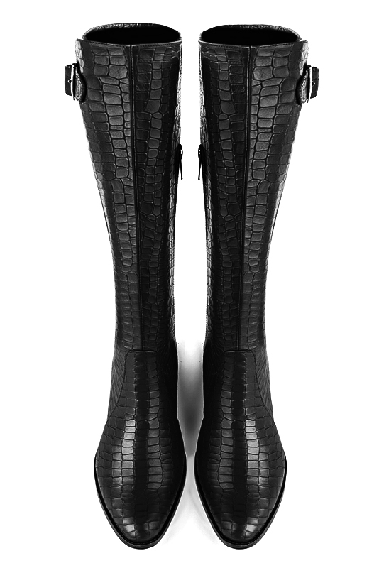 Botte femme : Bottes femme cavalières sur mesures couleur noir satiné. Bout rond. Semelle cuir talon plat. Vue du dessus - Florence KOOIJMAN