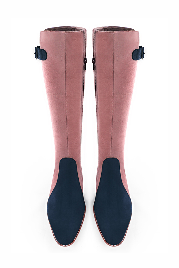 Botte femme : Bottes femme cavalières sur mesures couleur bleu marine et rose vieux rose. Bout rond. Semelle cuir talon plat. Vue du dessus - Florence KOOIJMAN