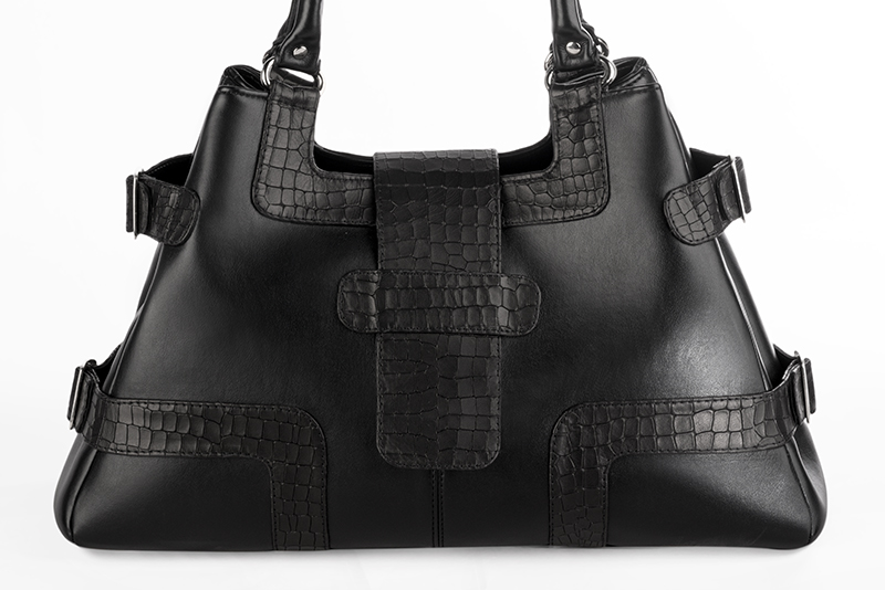 Grand sac porté à l'épaule habillé femme en cuir noir satiné - Vue de profil