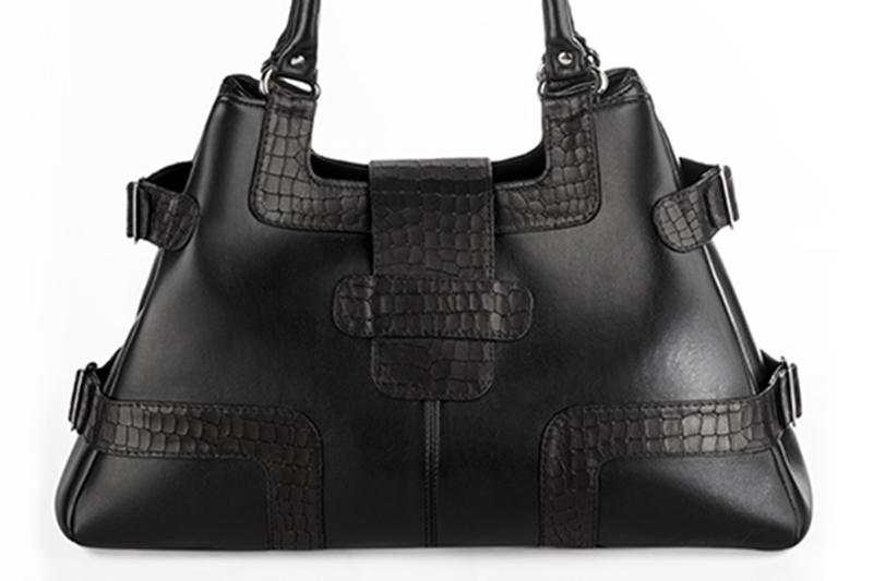 Grand sac porté à l'épaule habillé femme en cuir noir satiné - Vue arrière