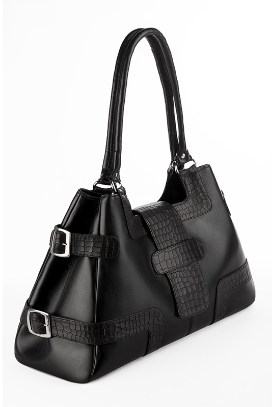 Grand sac porté à l'épaule habillé femme en cuir noir satiné - Vue porté