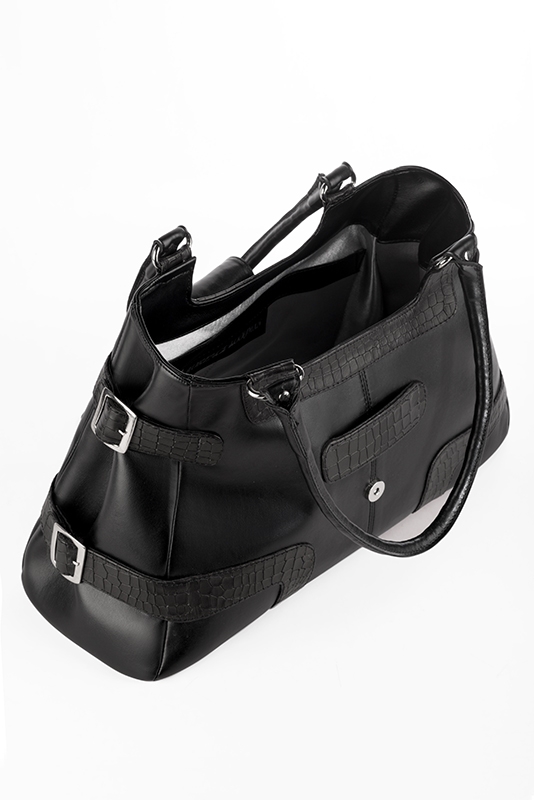 Grand sac porté à l'épaule habillé femme en cuir noir satiné - Vue du dessus