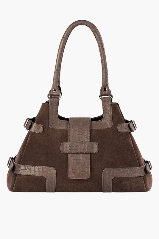 Grand sac porté à l'épaule habillé femme en cuir marron chocolat et beige mastic - Vue porté