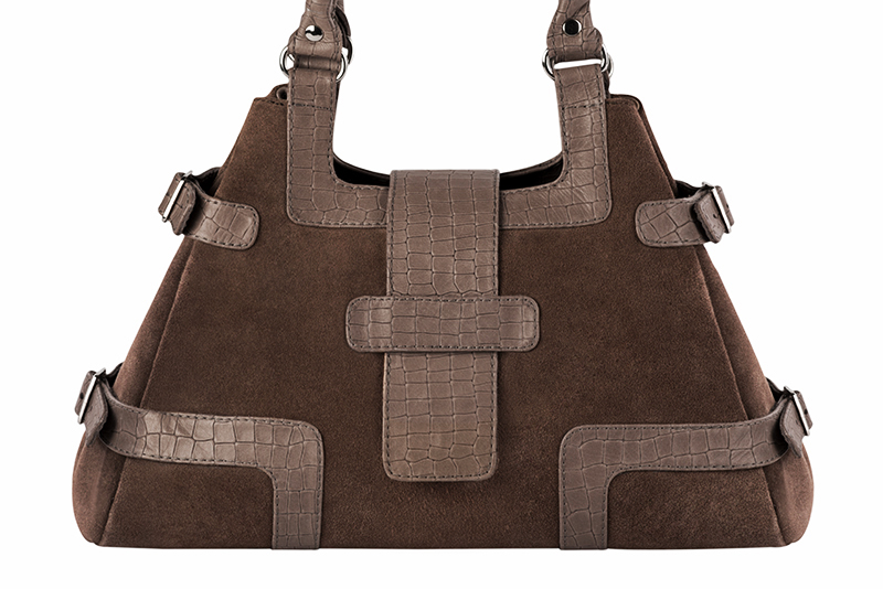 Grand sac porté à l'épaule habillé femme en cuir marron chocolat et beige mastic - Vue de profil