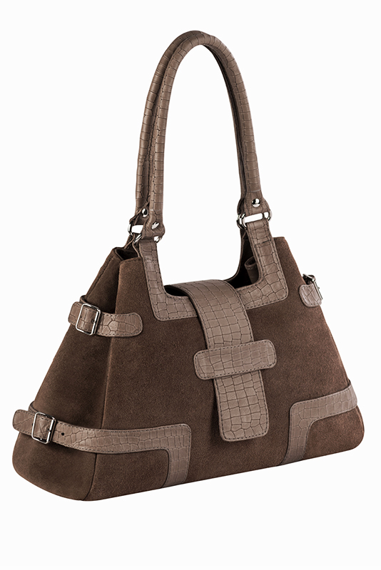 Grand sac porté à l'épaule habillé femme en cuir marron chocolat et beige mastic - Vue du dessus