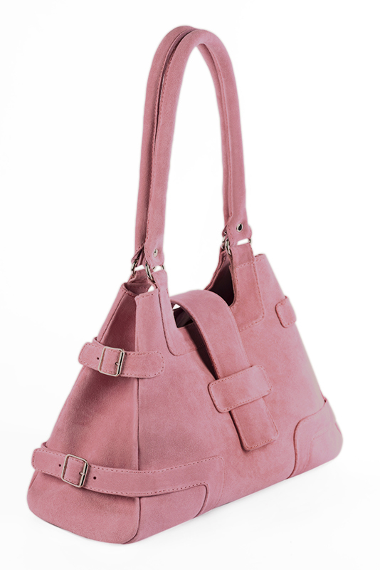 Sac porté à l'épaule habillé femme en cuir rose camélia - Vue porté