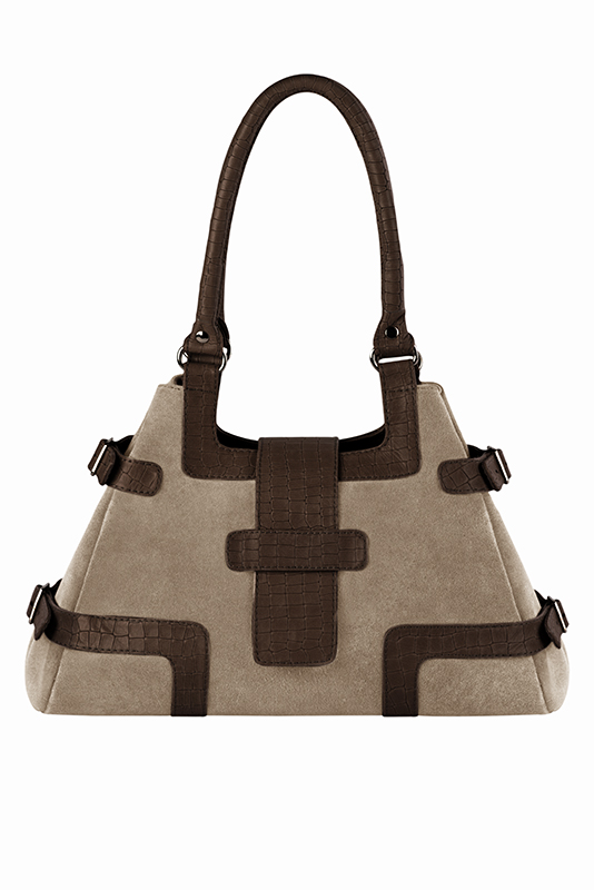 Sac porté à l'épaule habillé femme en cuir beige sahara et marron ébène - Vue porté