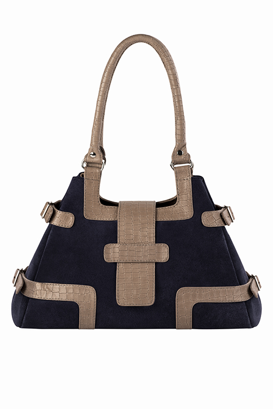 Sac porté à l'épaule habillé femme en cuir bleu nuit et beige mastic - Vue porté