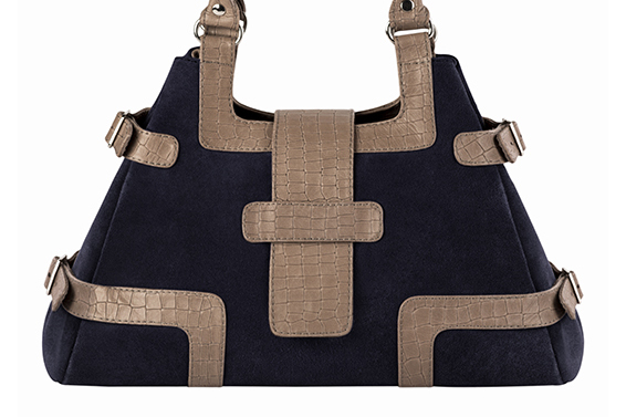 Sac porté à l'épaule habillé femme en cuir bleu nuit et beige mastic - Vue de profil