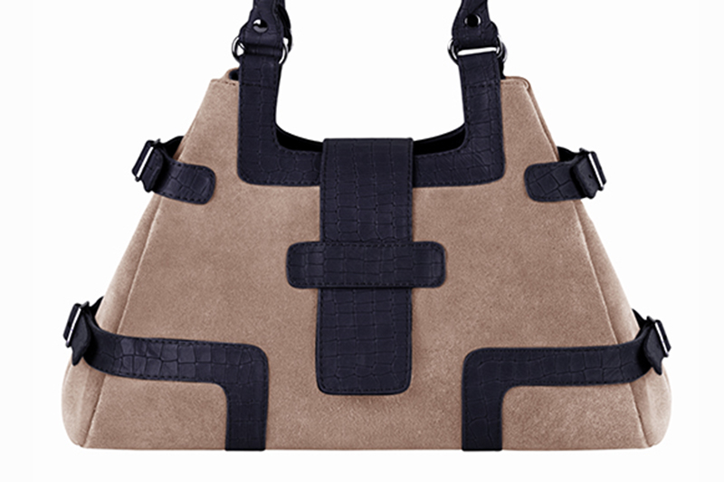 Sac porté à l'épaule habillé femme en cuir beige biscuit et bleu marine - Vue de profil