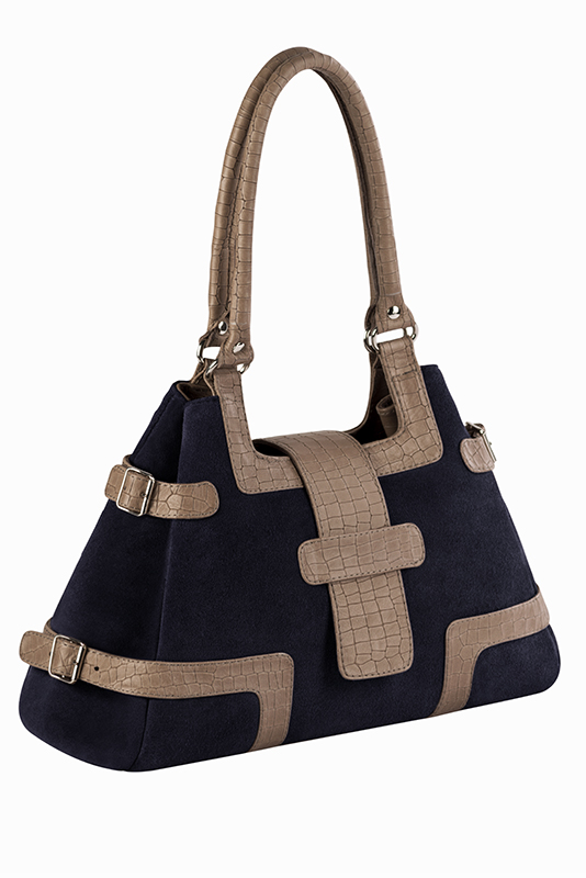Sac porté à l'épaule habillé femme en cuir bleu nuit et beige mastic - Vue du dessus