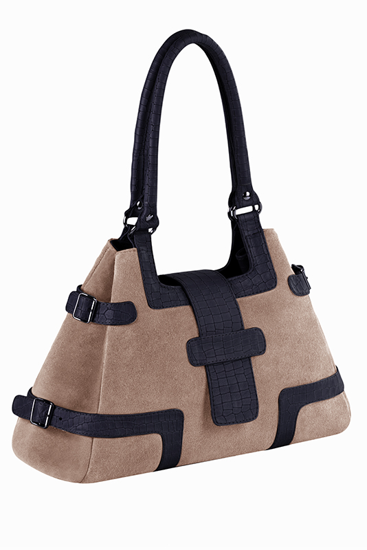 Sac porté à l'épaule habillé femme en cuir beige biscuit et bleu marine - Vue du dessus