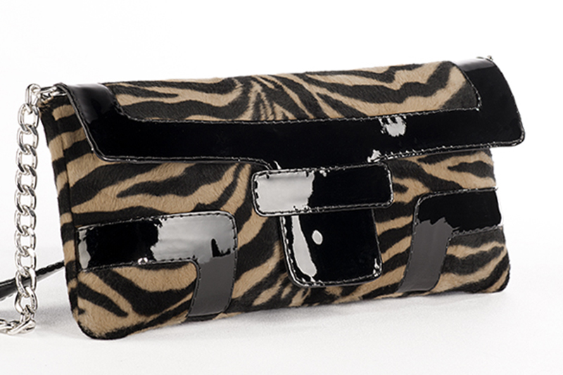 Petit sac baguette pour femme en cuir imprimé léopard et noir brillant - Vue avant