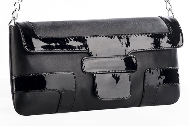 Petit sac baguette pour femme en cuir noir et noir brillant - Vue avant