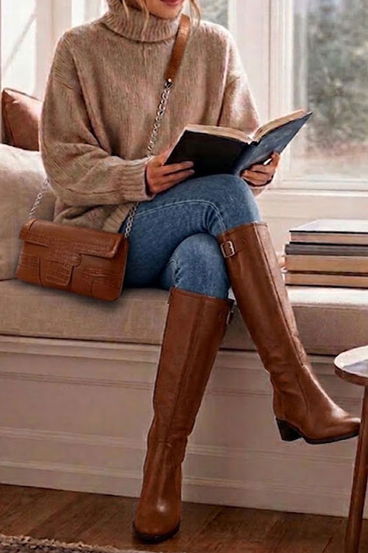 Petit sac baguette habillé femme en cuir marron caramel - Vue porté