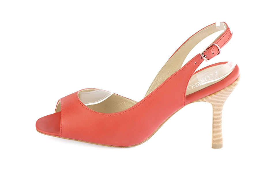 Escarpins habillés bout ouvert bride arrière cuir saumon à talon bobine de 9.5 cm et bout rond - Vue de profil