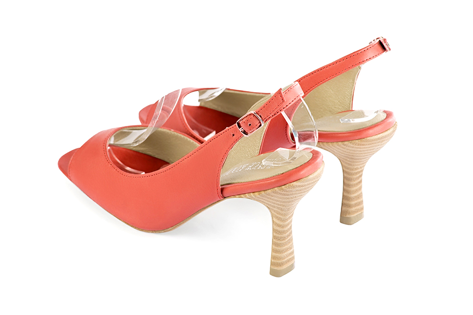 Escarpins habillés bout ouvert bride arrière cuir saumon à talon bobine de 9.5 cm et bout rond - Vue arrière