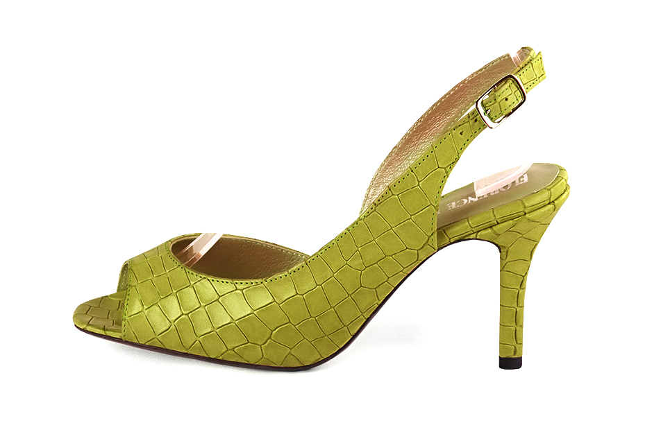 Escarpins habillés bout ouvert bride arrière cuir vert pistache à talon fin de 8.5 cm et bout rond - Vue de profil
