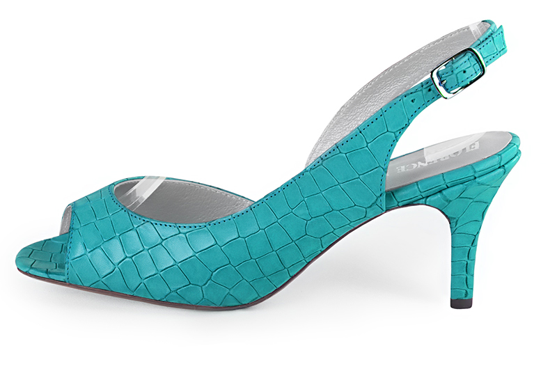 Sandale femme : Sandale soirées et cérémonies couleur bleu turquoise. Bout carré. Talon haut fin. Vue de profil - Florence KOOIJMAN