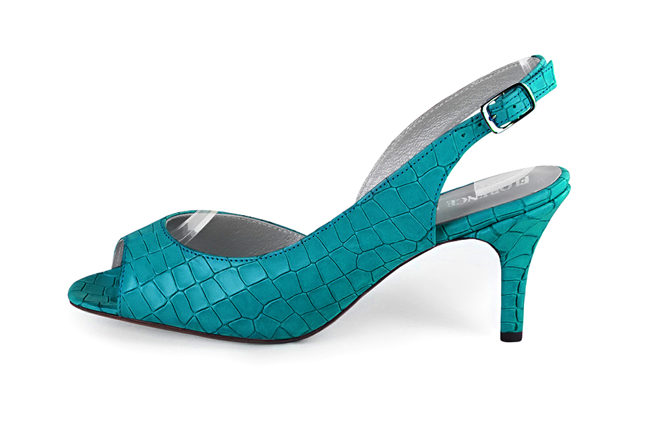 Escarpins habillés bout ouvert bride arrière cuir bleu turquoise à talon fin de 7.5 cm et bout carré - Vue de profil