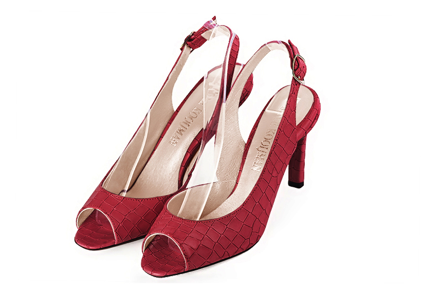 Escarpins bout ouvert et bride arrière rouge carmin. Bout carré. Talon fin de 7.5 cm - Vue avant