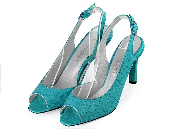 Sandale femme : Sandale soirées et cérémonies couleur bleu turquoise. Bout carré. Talon haut fin Vue avant - Florence KOOIJMAN