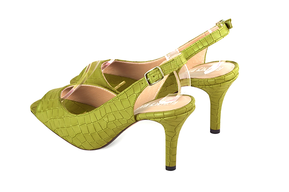 Escarpins habillés bout ouvert bride arrière cuir vert pistache à talon fin de 8.5 cm et bout rond - Vue arrière
