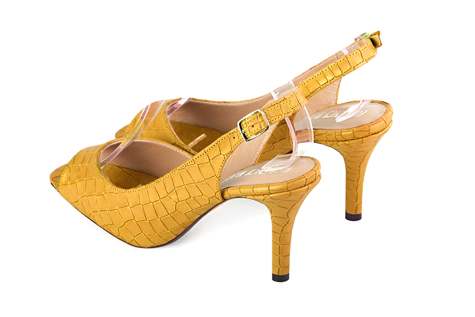 Escarpins habillés bout ouvert bride arrière cuir jaune ocre à talon fin de 8.5 cm et bout rond - Vue arrière