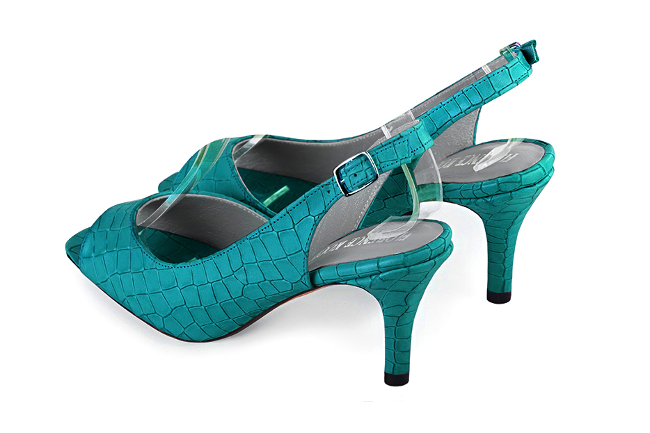 Escarpins habillés bout ouvert bride arrière cuir bleu turquoise à talon fin de 7.5 cm et bout carré - Vue arrière