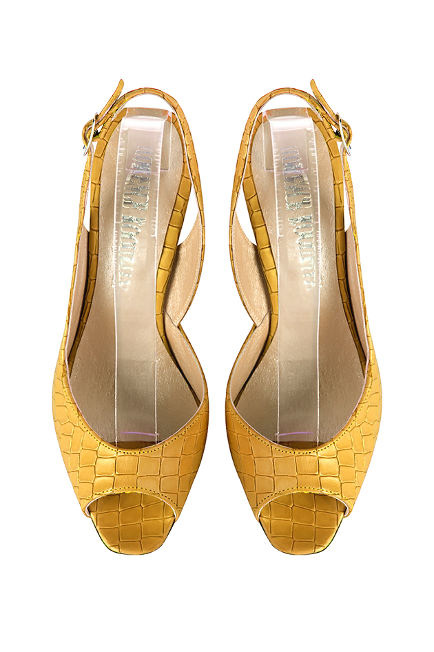 Escarpins habillés bout ouvert bride arrière cuir jaune ocre à talon fin de 8.5 cm et bout rond - Vue du dessus
