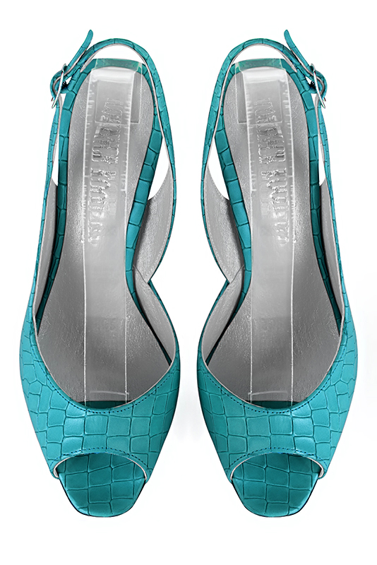 Sandale femme : Sandale soirées et cérémonies couleur bleu turquoise. Bout carré. Talon haut fin. Vue du dessus - Florence KOOIJMAN