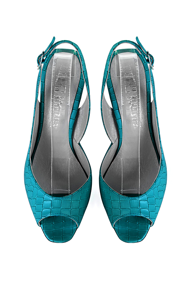 Escarpins habillés bout ouvert bride arrière cuir bleu turquoise à talon fin de 7.5 cm et bout carré - Vue du dessus
