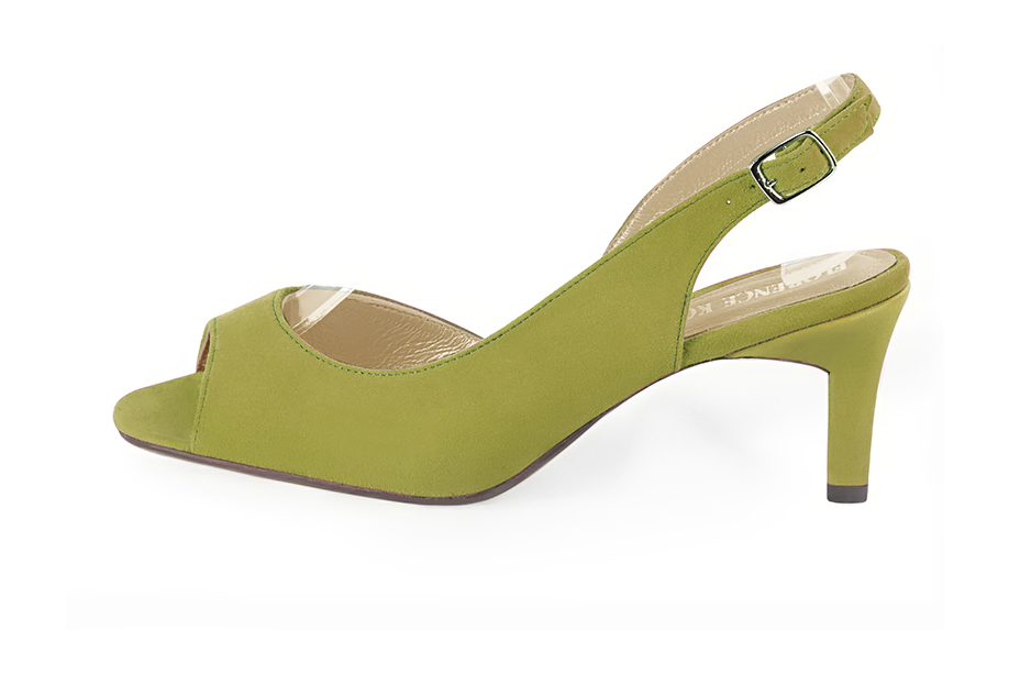 Escarpins bout ouvert et bride arrière vert pistache. Bout carré. Talon virgule de 6.5 cm - Vue de profil