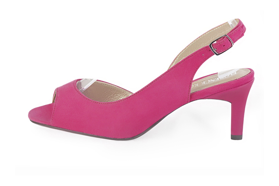 Escarpins bout ouvert et bride arrière rose pétunia. Bout carré. Talon virgule de 6.5 cm - Vue de profil