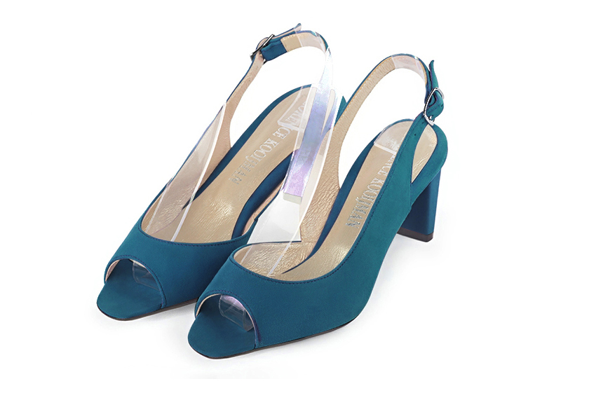 Escarpins bout ouvert et bride arrière bleu canard. Bout carré. Talon virgule de 6.5 cm - Vue avant