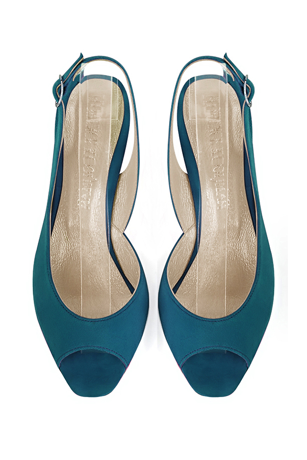 Escarpins bout ouvert et bride arrière bleu canard. Bout carré. Talon virgule de 6.5 cm - Vue du dessus