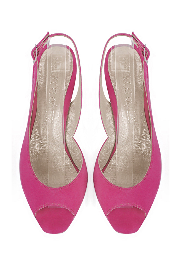 Escarpins bout ouvert et bride arrière rose pétunia. Bout carré. Talon virgule de 6.5 cm - Vue du dessus