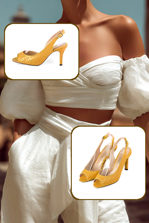 Escarpins habillés bout ouvert bride arrière cuir jaune ocre à talon fin de 8.5 cm et bout rond - Vue porté