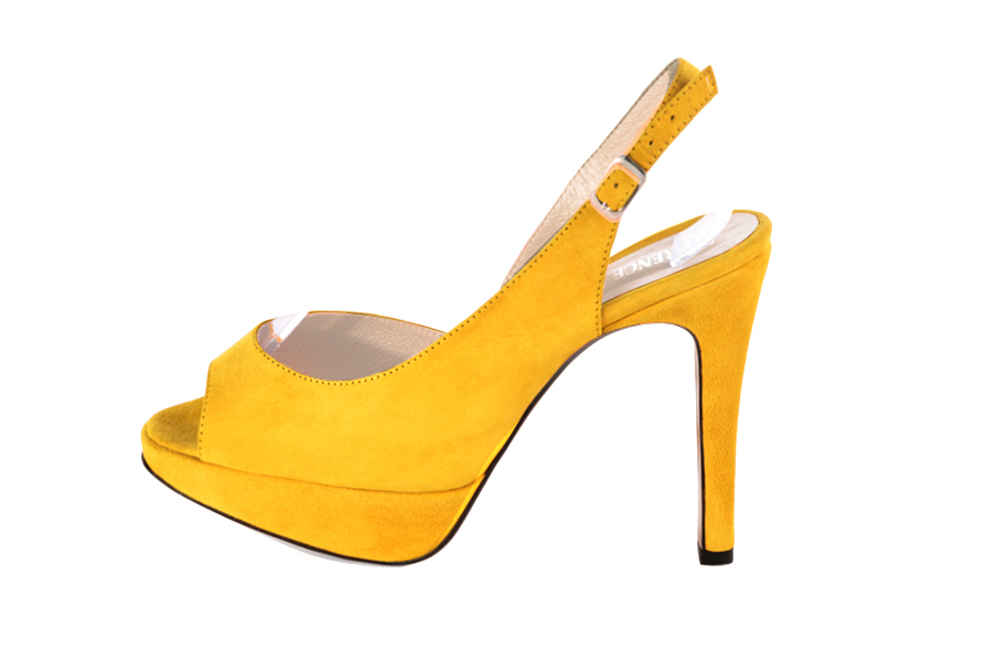 Escarpins habillés bout ouvert bride arrière cuir jaune à talon fin de 12.5 cm avec une plateforme de 2.5 cm à l'avant et bout rond - Vue de profil