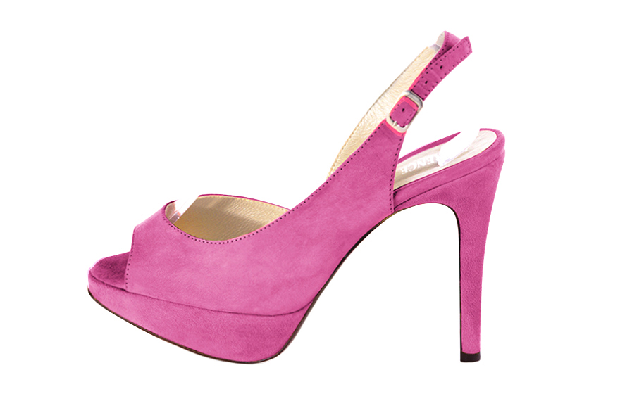 Escarpins habillés bout ouvert bride arrière cuir rose pivoine à talon fin de 12.5 cm avec une plateforme de 2.5 cm à l'avant et bout rond - Vue de profil