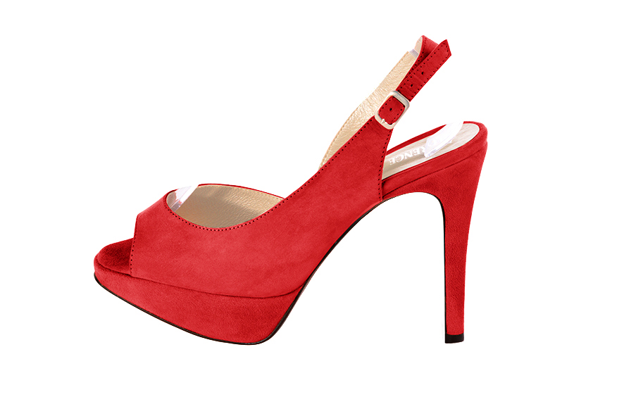 Escarpins habillés bout ouvert bride arrière cuir rouge coquelicot à talon fin de 12.5 cm avec une plateforme de 2.5 cm à l'avant et bout rond - Vue de profil