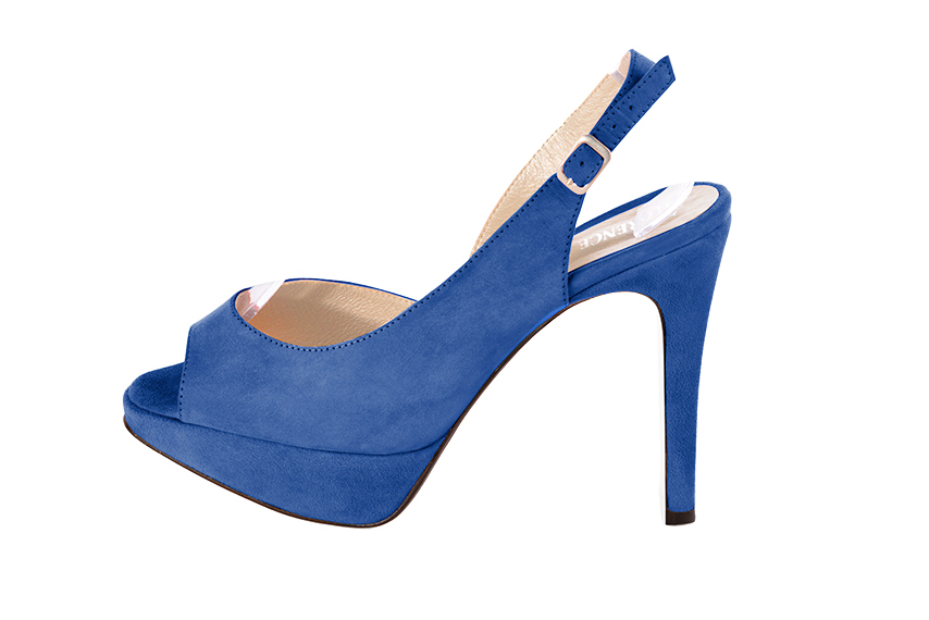Escarpins habillés bout ouvert bride arrière cuir bleu électrique à talon fin de 12.5 cm avec une plateforme de 2.5 cm à l'avant et bout rond - Vue de profil