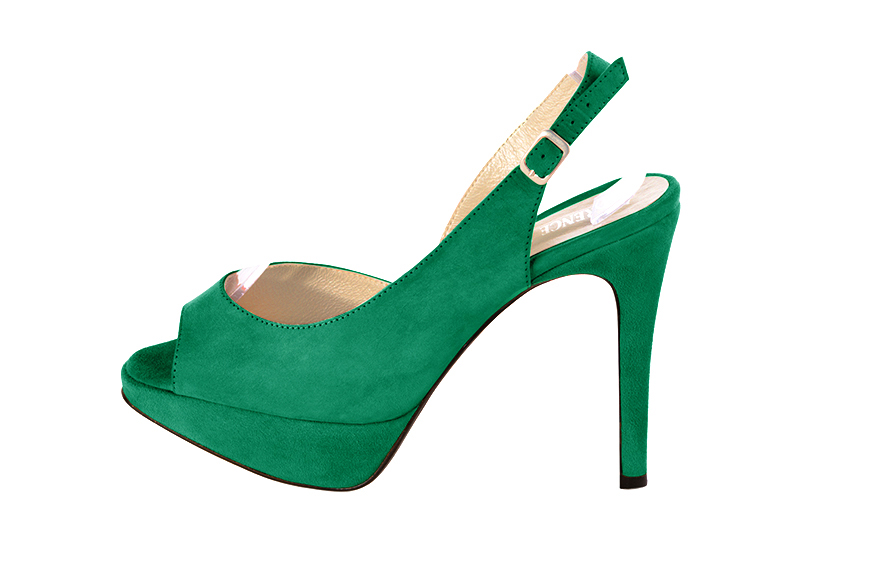 Escarpins habillés bout ouvert bride arrière cuir vert émeraude à talon fin de 12.5 cm avec une plateforme de 2.5 cm à l'avant et bout rond - Vue de profil